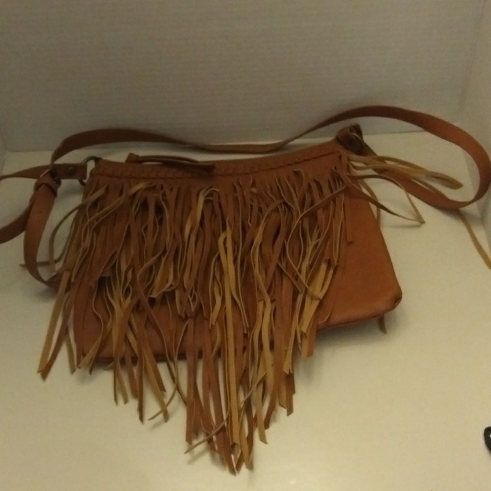 Bohemian faux leather brown fringe crossbody bag 9.5" x 11"